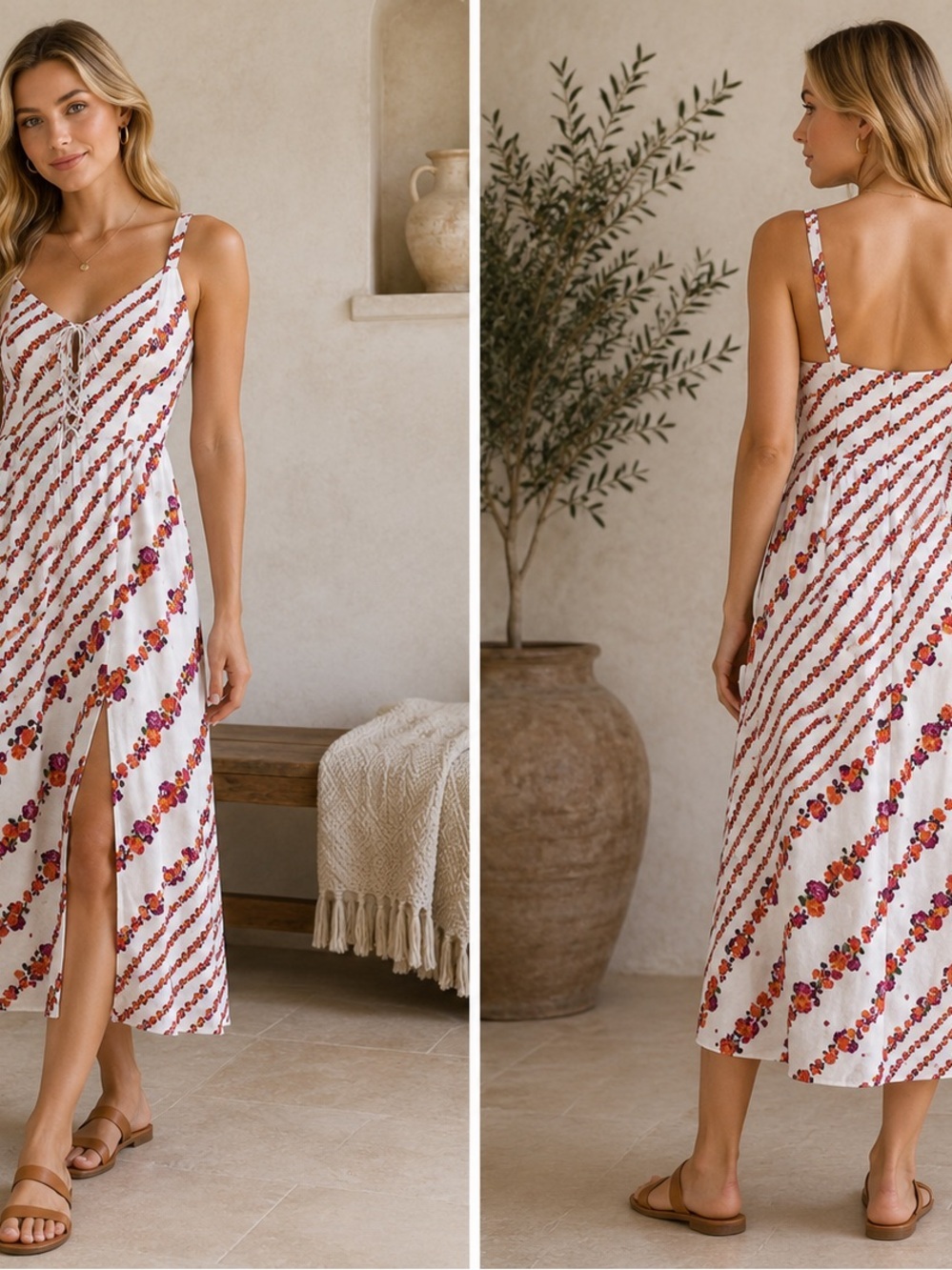 For Love & Lemons Floral Stripe Midi Slip Dress in White with Red & Pink Accents